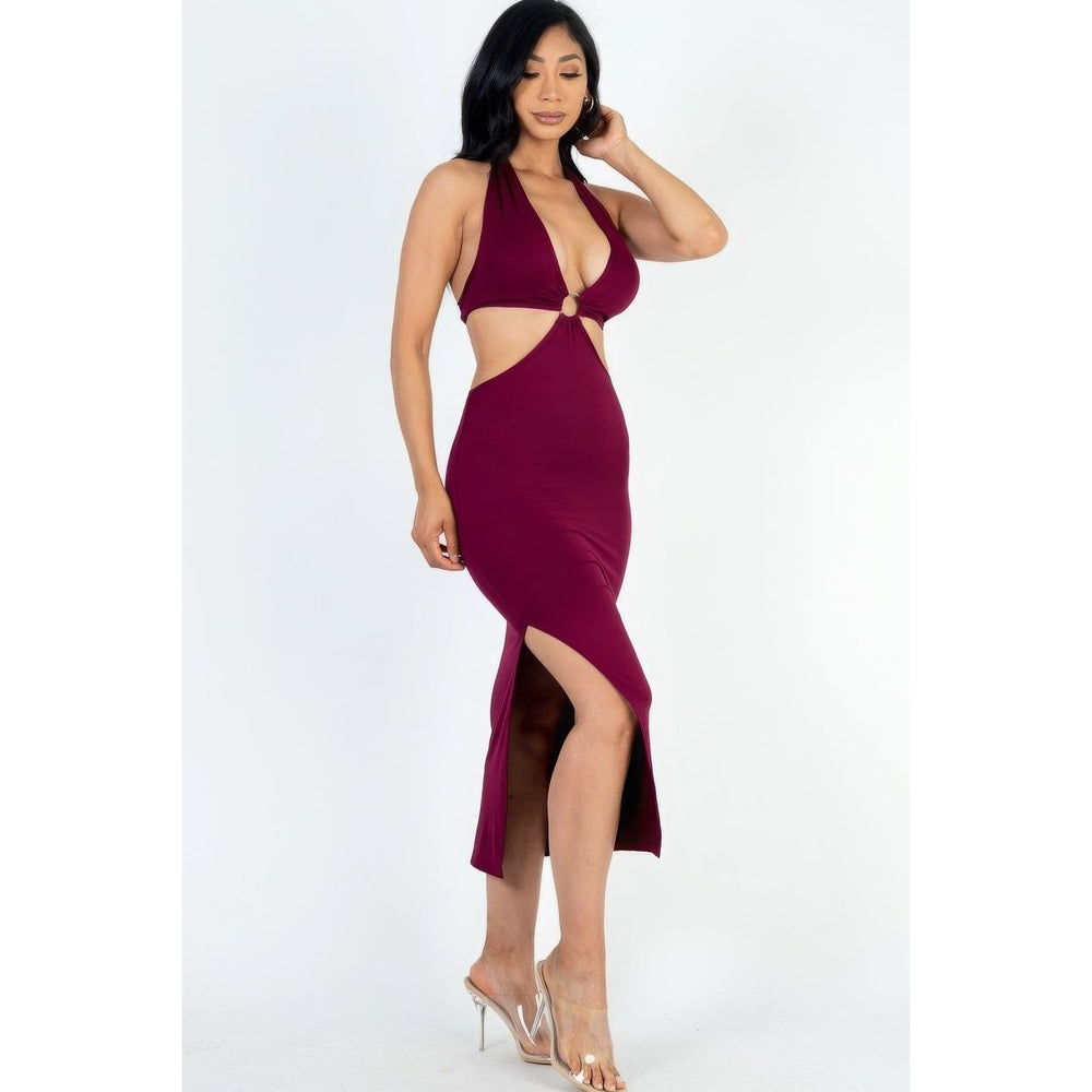 Cut-out Halter Neck Double Back Tie Split Thigh Midi Dress Image 2