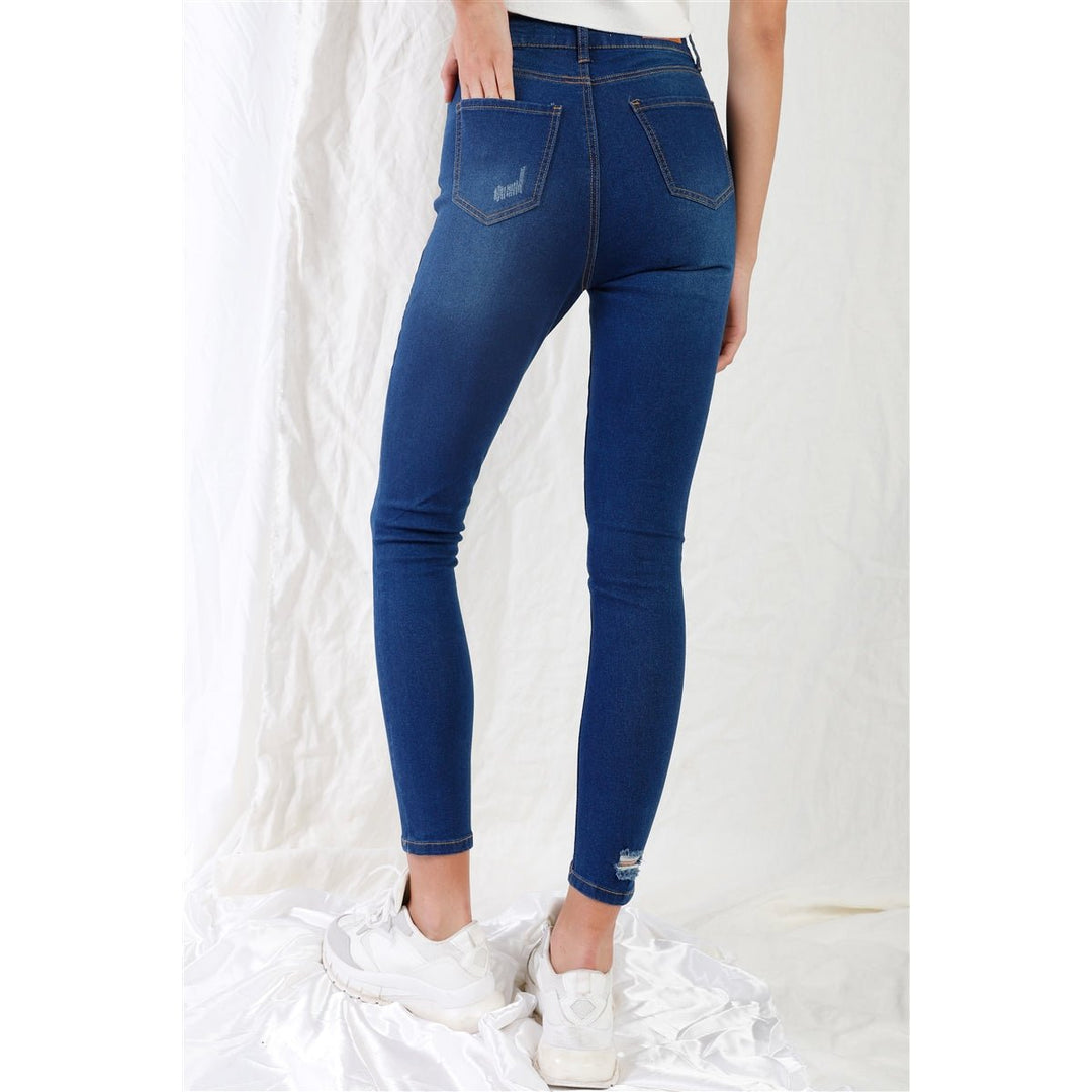 Dark Blue High-waisted With Rips Skinny Denim Jeans Image 4