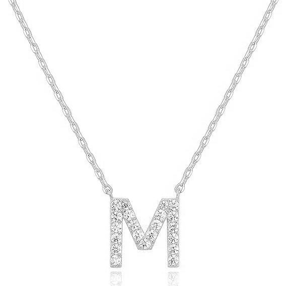 14k White Gold Created White Sapphire Initial M Letter Pendant Necklace Plated Image 1