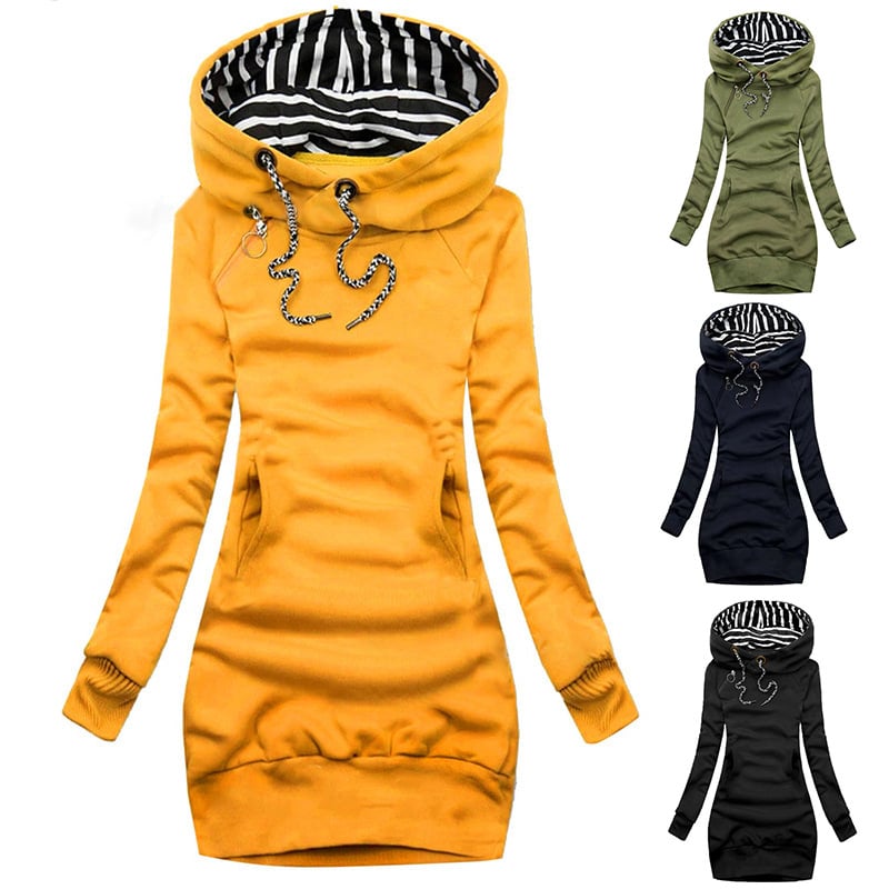 Solid Color Hoodie Dress with Drawstring - Slim Long Sleeve Pullover Image 1