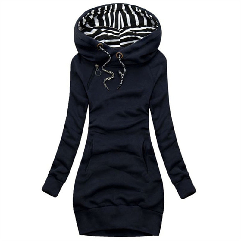 Solid Color Hoodie Dress with Drawstring - Slim Long Sleeve Pullover Image 4