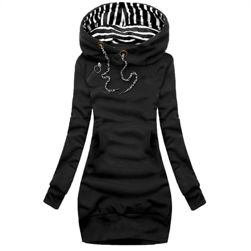 Solid Color Hoodie Dress with Drawstring - Slim Long Sleeve Pullover Image 1