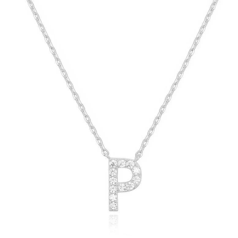 14k White Gold Created White Sapphire Initial P Letter Pendant Necklace Plated Image 1