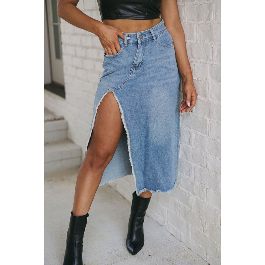 Cheyenne Frayed Slit Asymmetric Denim Midi Skirt Image 1