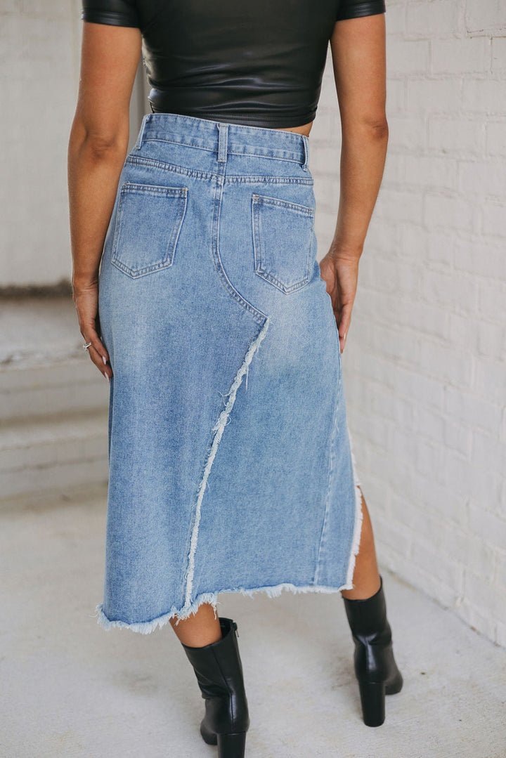 Cheyenne Frayed Slit Asymmetric Denim Midi Skirt Image 2