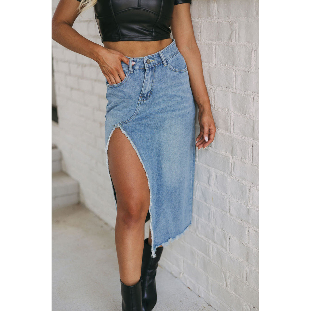 Cheyenne Frayed Slit Asymmetric Denim Midi Skirt Image 4