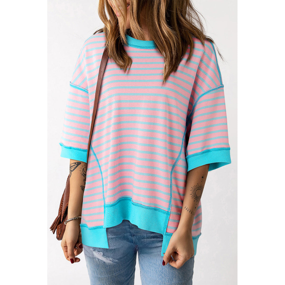 Adley Stripe Oversized Exposed Seam High Low Top Image 1