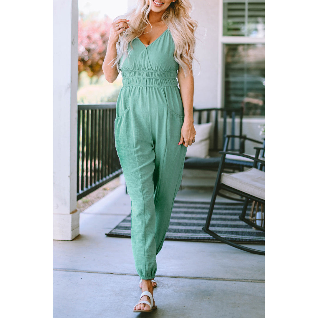 Analia Shirred High Waist Sleeveless V Neck Jumpsuit Image 1