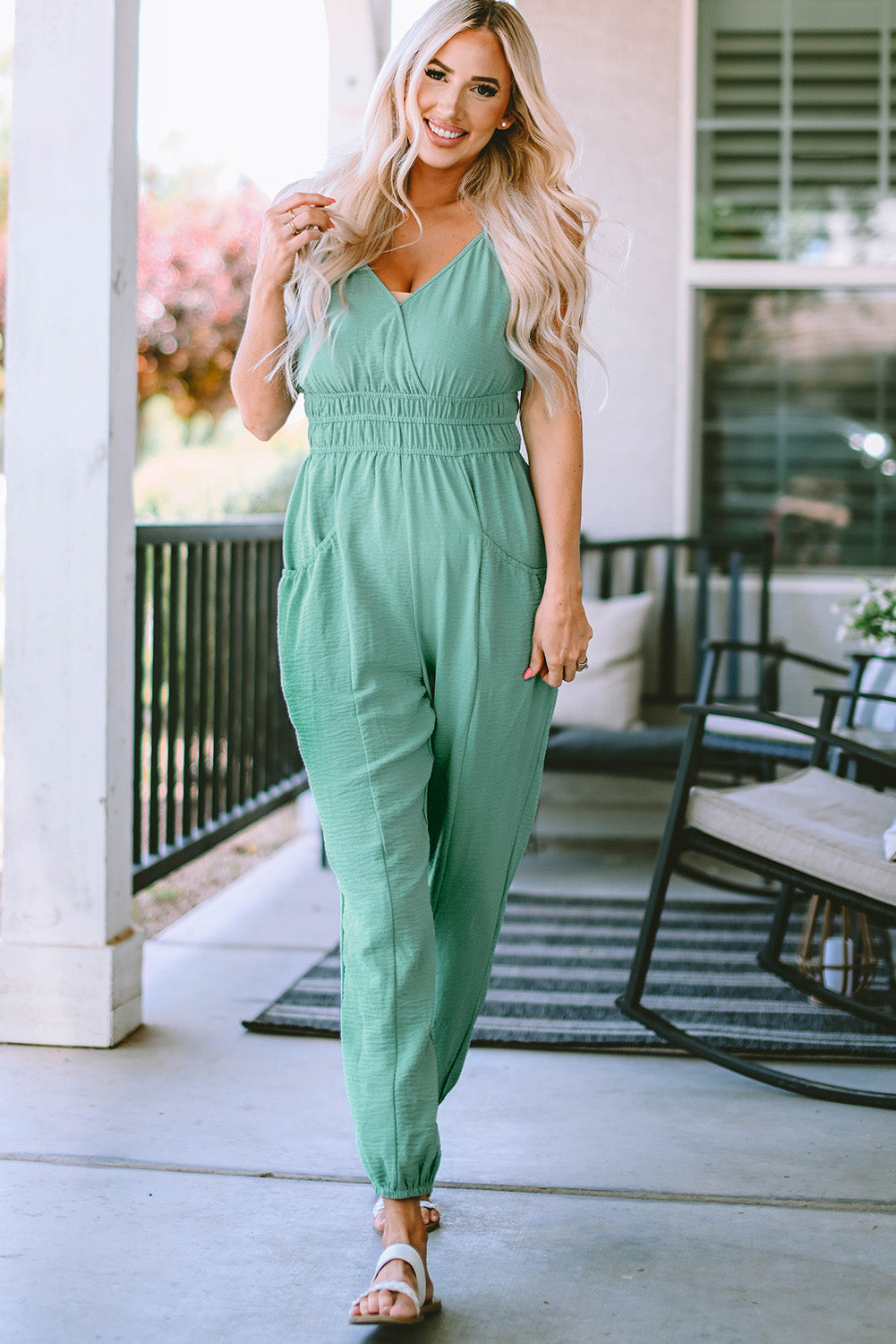 Analia Shirred High Waist Sleeveless V Neck Jumpsuit Image 7