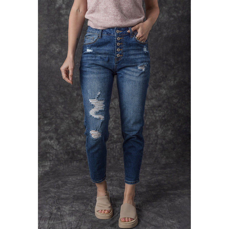 Bailee Distressed Button Fly High Waist Jeans Image 1