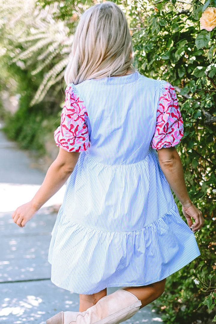 Kori Stripe Contrast Floral Puff Sleeve Tiered Ruffle Dress Image 2