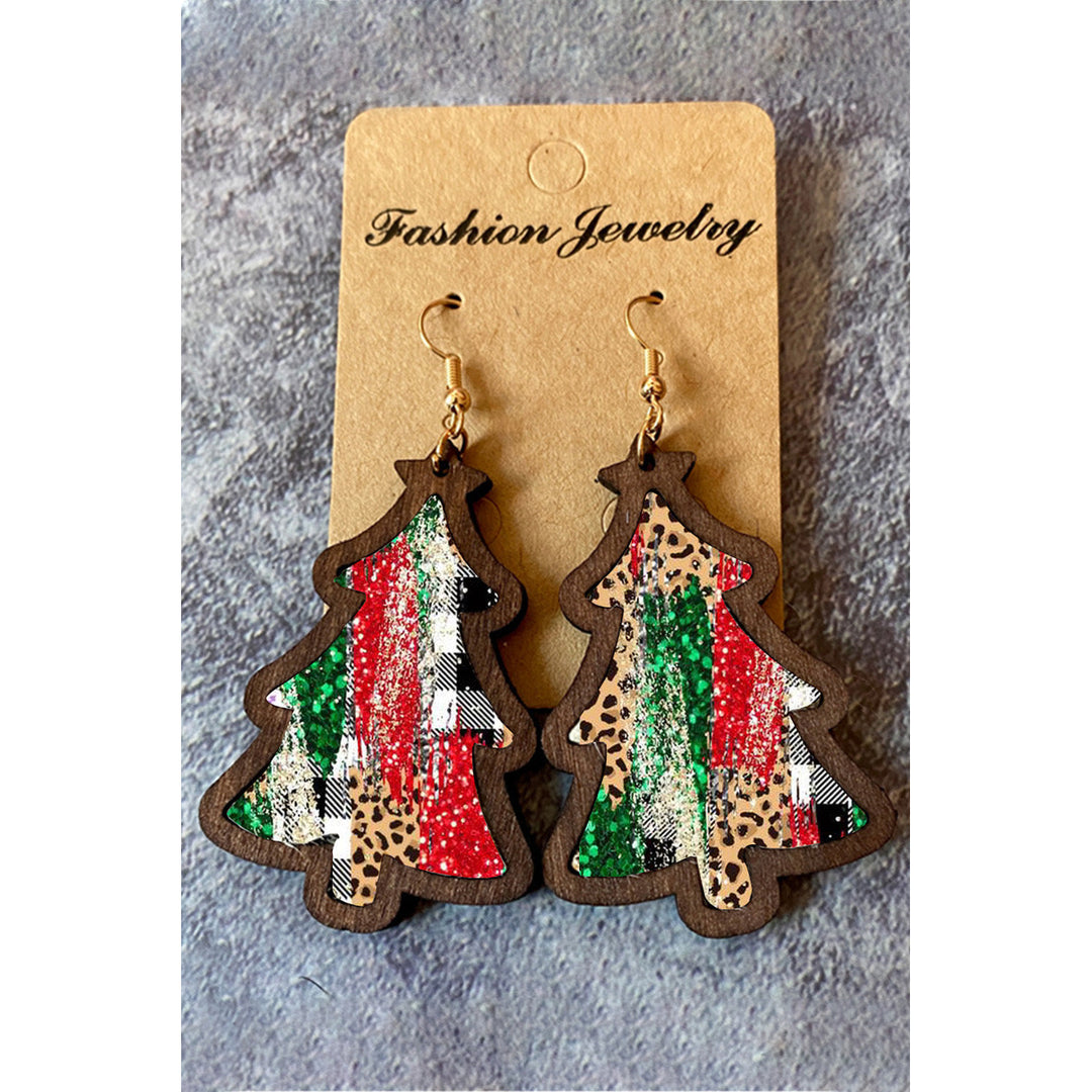 Fiery Red Shade Of Leopard Plaid Christmas Tree Earrings Image 2