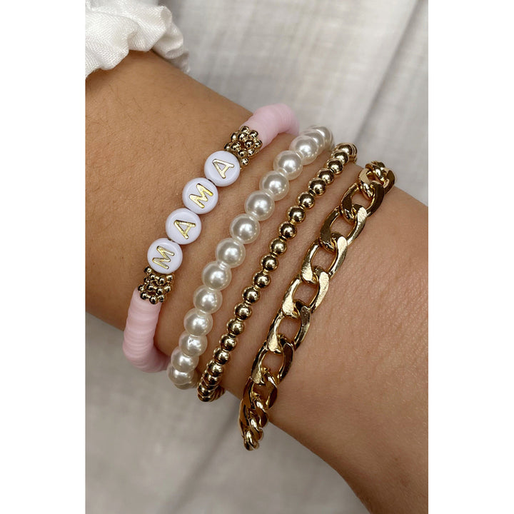 Gold 4PCS MAMA Pearls Beaded Chain Bracelets Set Image 1