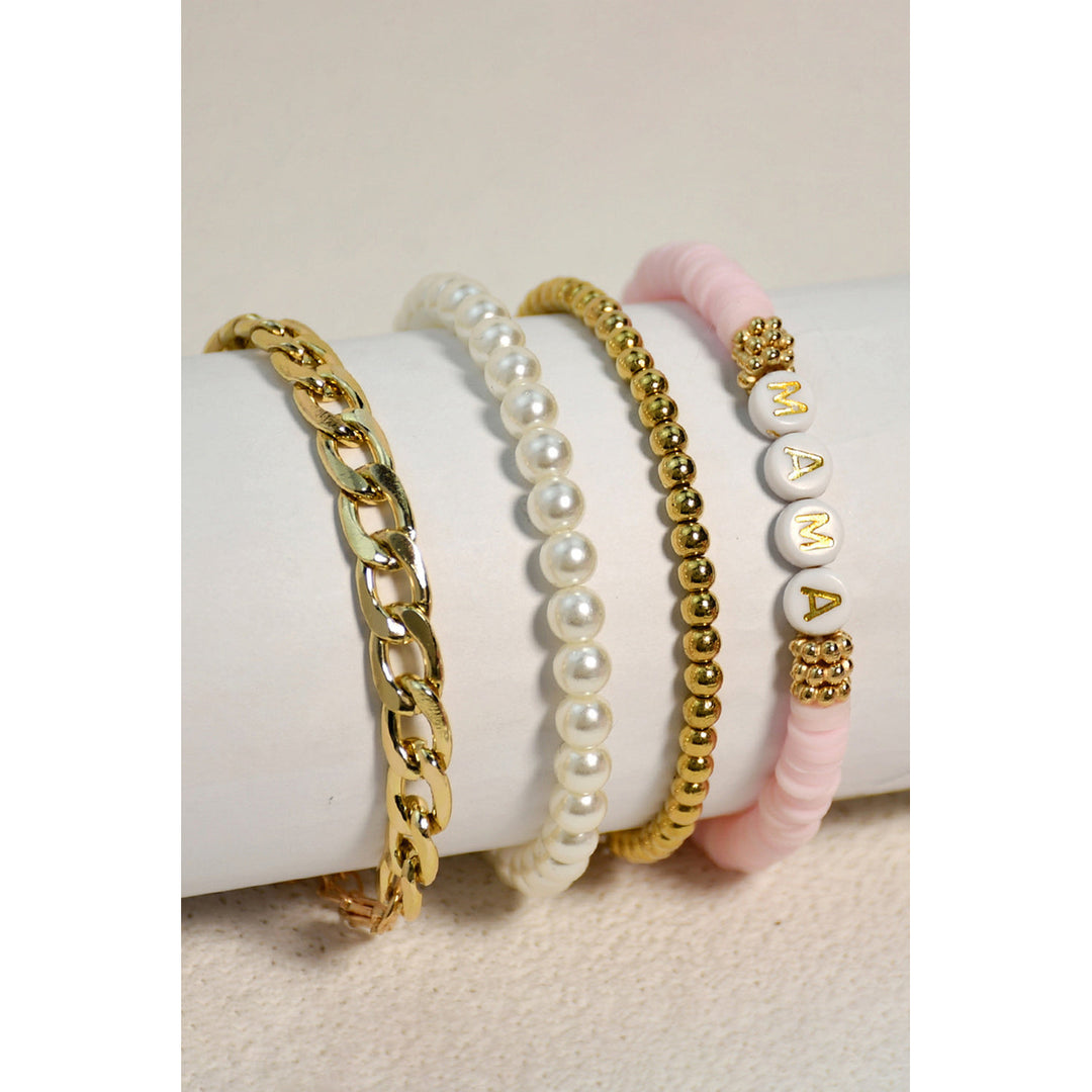 Gold 4PCS MAMA Pearls Beaded Chain Bracelets Set Image 4