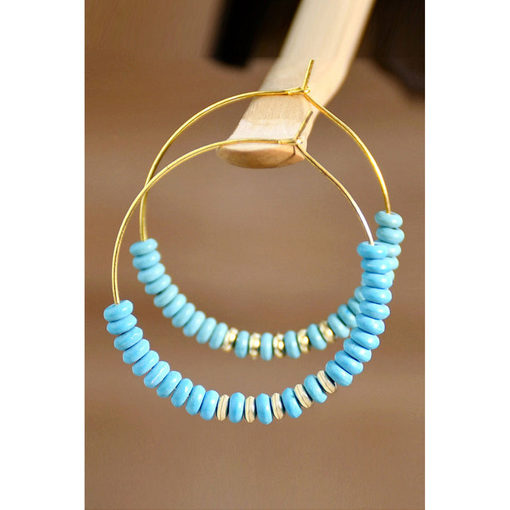 Gold Faux Turquoise Beaded Hoop Earrings Image 2