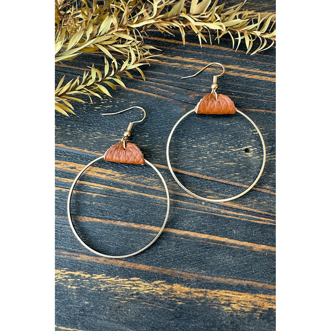 Gold Leather Hoop Earrings Image 4