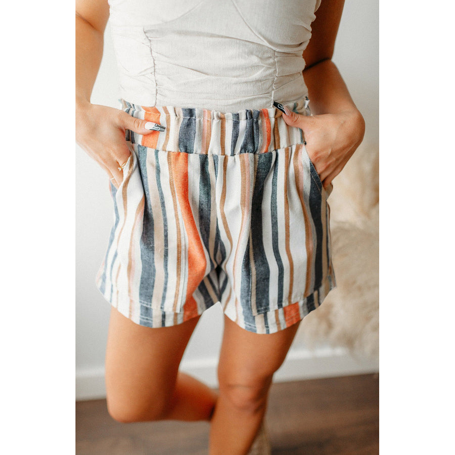 Estella Stripe Vintage Washed Elastic Frill Waist Casual Shorts Image 1