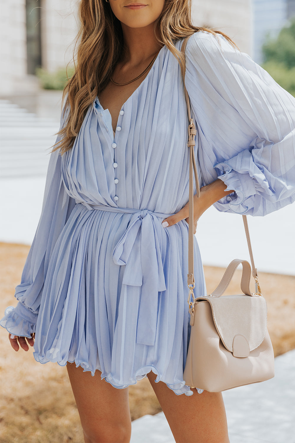 Irene Pleated Ruffled Tie Waist Buttons V Neck Romper Image 4