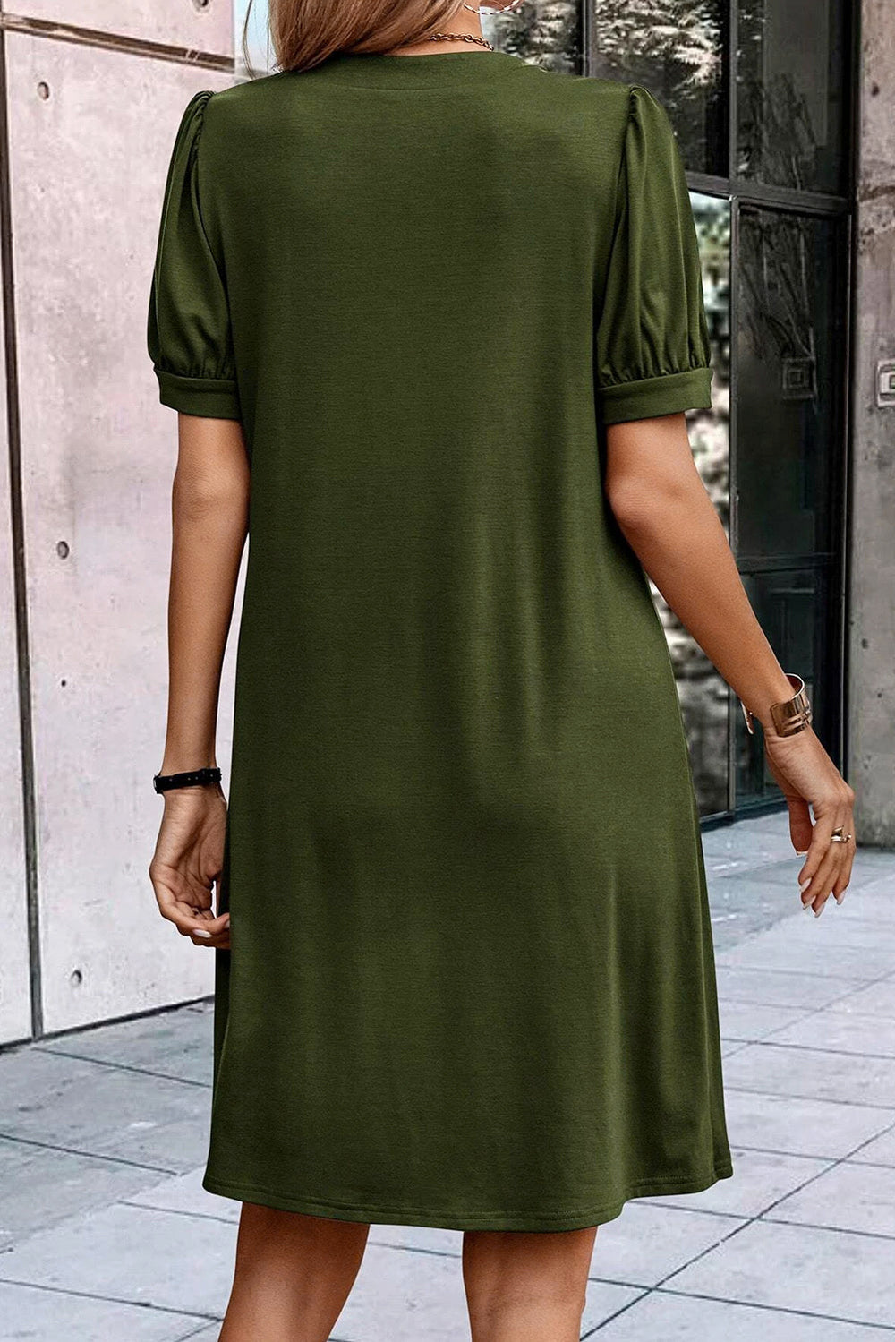 Kaitlyn Notched Neck Pleated Puff Sleeve Shift T-shirt Dress Image 2