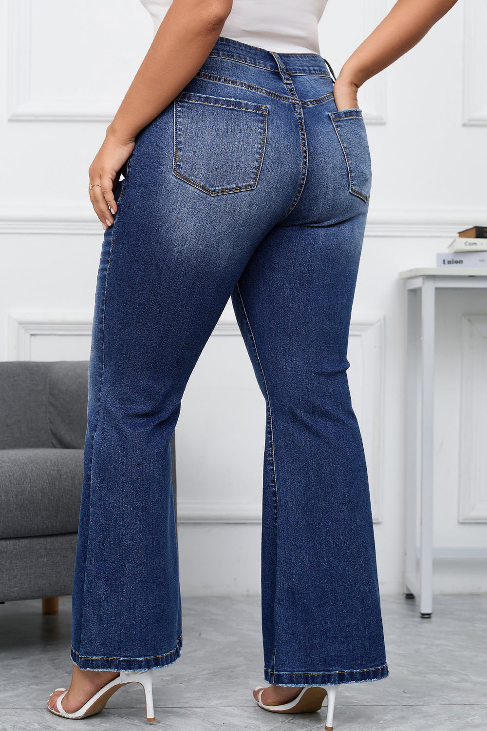 Aila Dark Blue Plus Size Stitching Flare Jeans Image 2