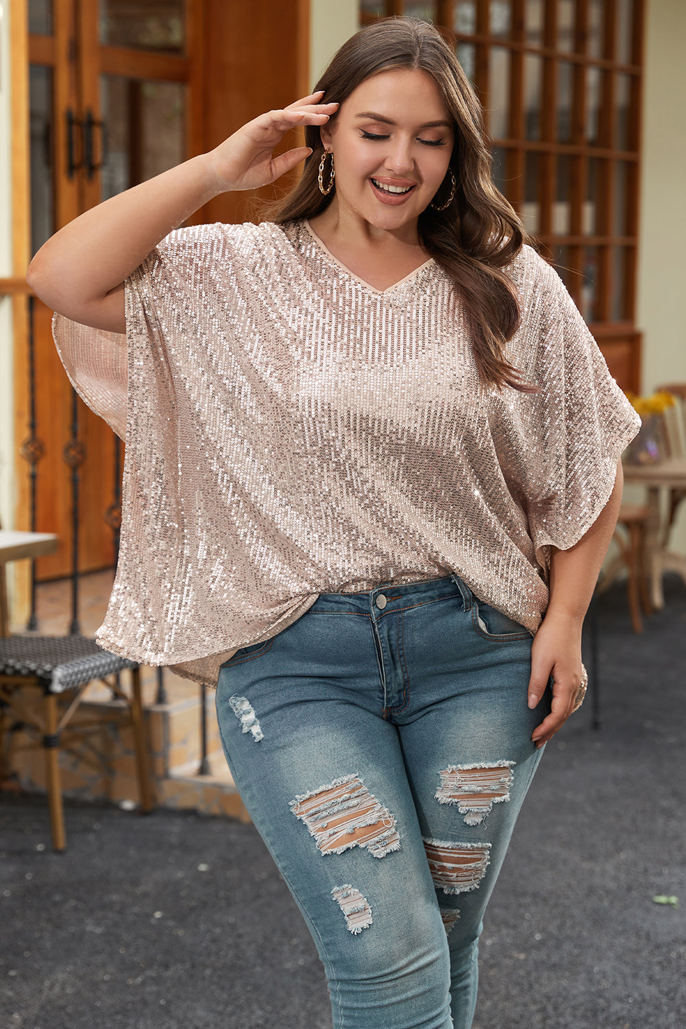 Aileen Plus Size Sequined V Neck Boxy Top Image 3