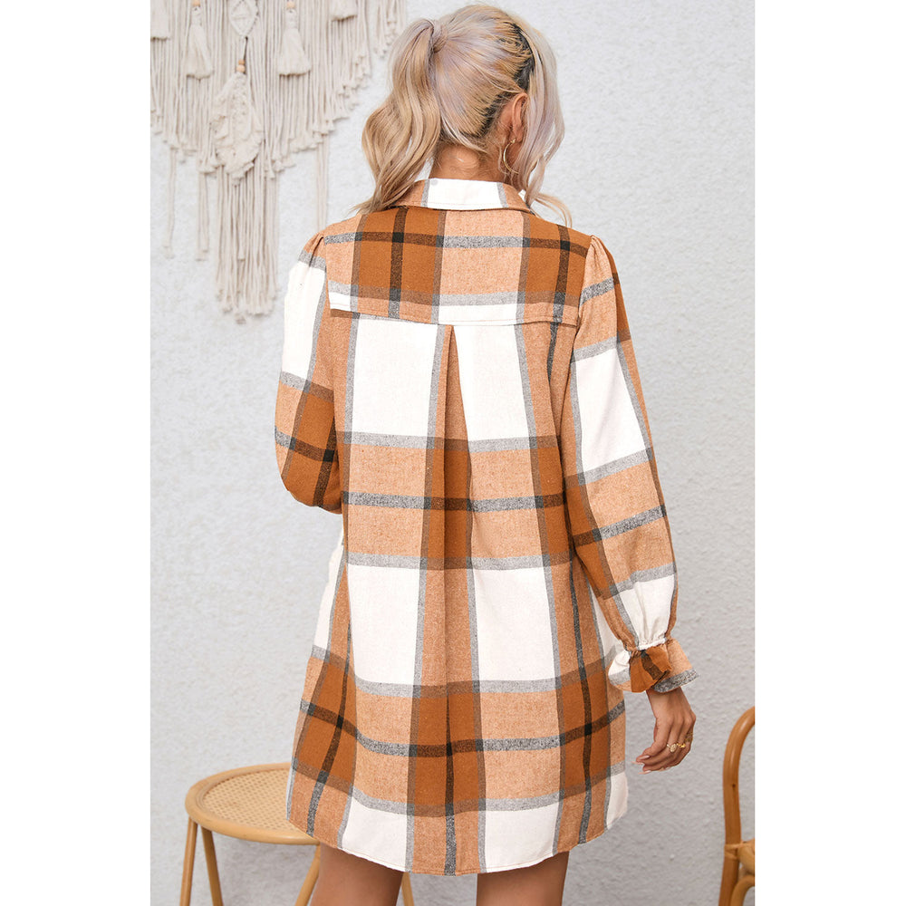 Elise Plaid Pattern Collared Neck Ruffled Sleeve Shirt Dress Image 2