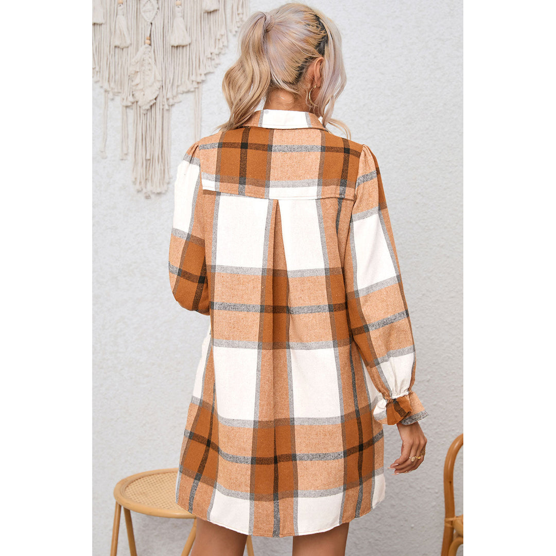 Elise Plaid Pattern Collared Neck Ruffled Sleeve Shirt Dress Image 2