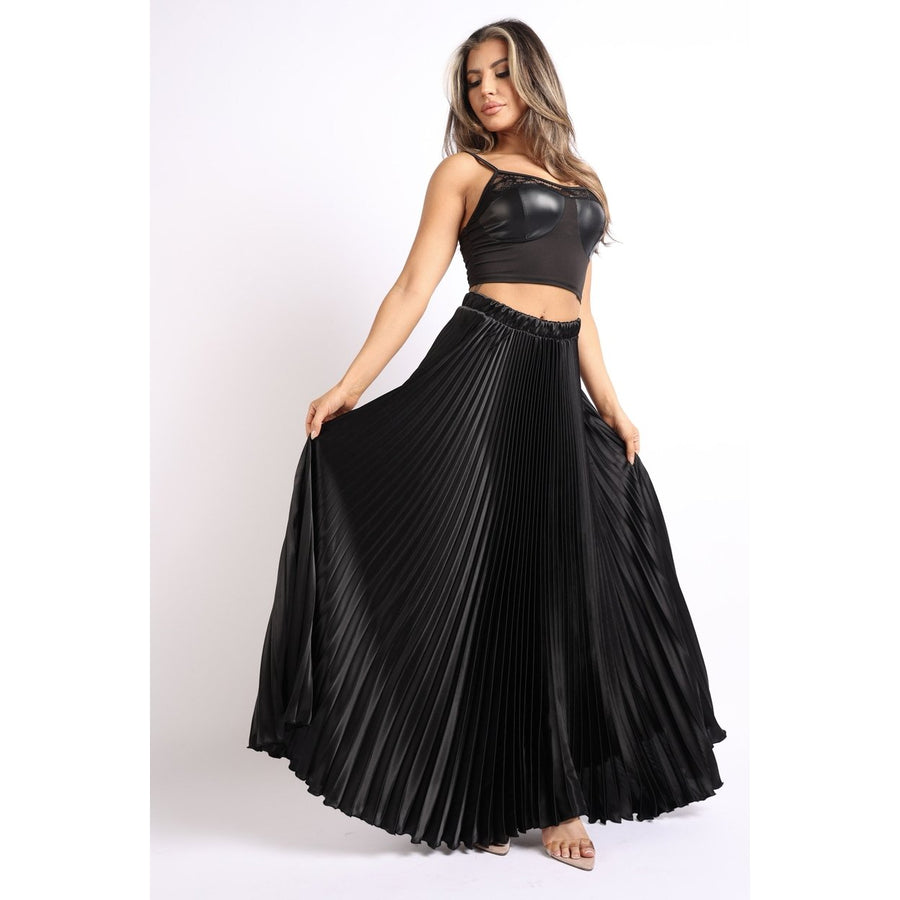 Elastic High Waist A-Line Pleated Satin Maxi Skirt BLACK Image 1