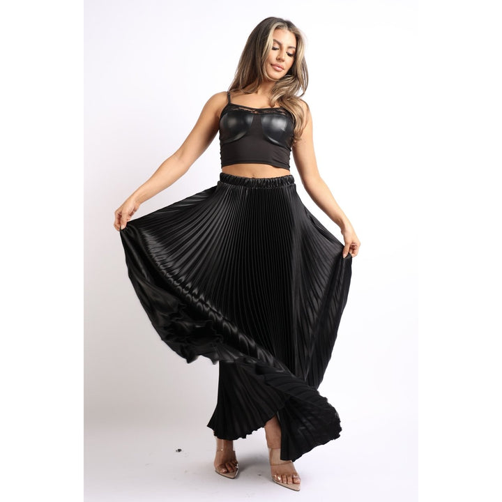 Elastic High Waist A-Line Pleated Satin Maxi Skirt BLACK Image 2