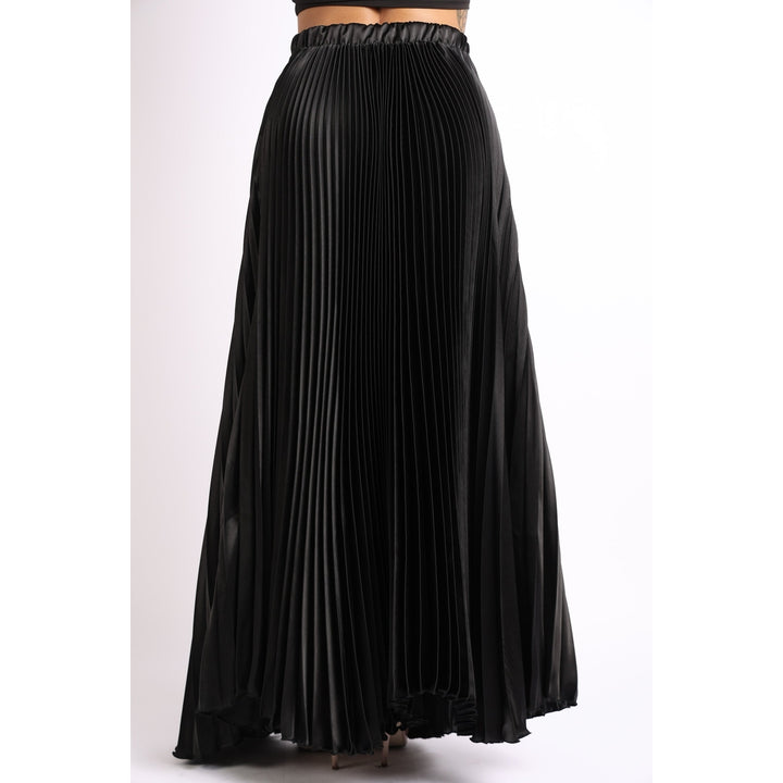 Elastic High Waist A-Line Pleated Satin Maxi Skirt BLACK Image 3