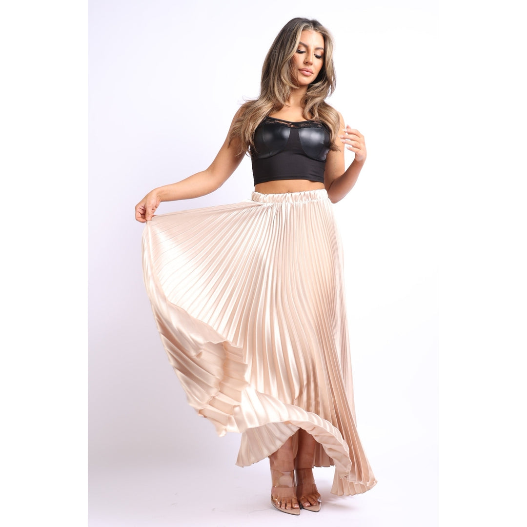 Elastic High Waist A-Line Pleated Satin Maxi Skirt TAUPE Image 2