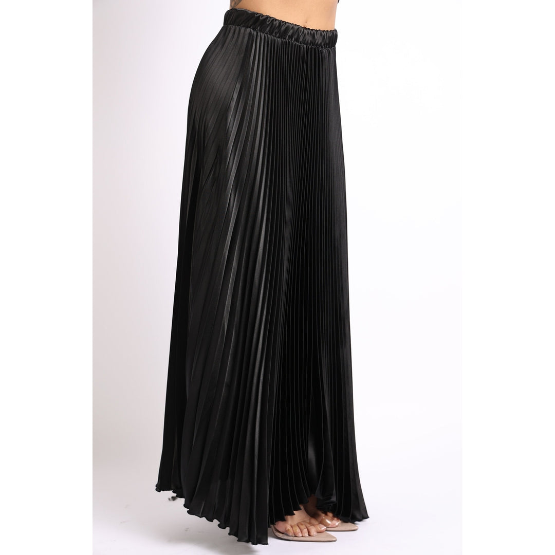 Elastic High Waist A-Line Pleated Satin Maxi Skirt BLACK Image 4