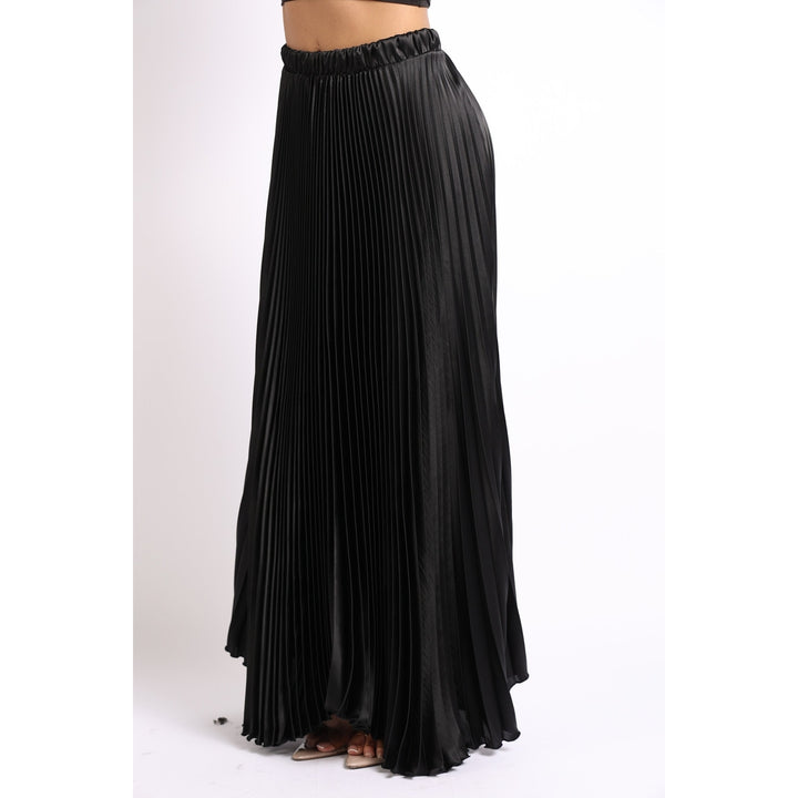 Elastic High Waist A-Line Pleated Satin Maxi Skirt BLACK Image 4