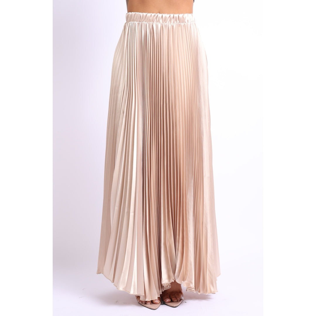 Elastic High Waist A-Line Pleated Satin Maxi Skirt TAUPE Image 4