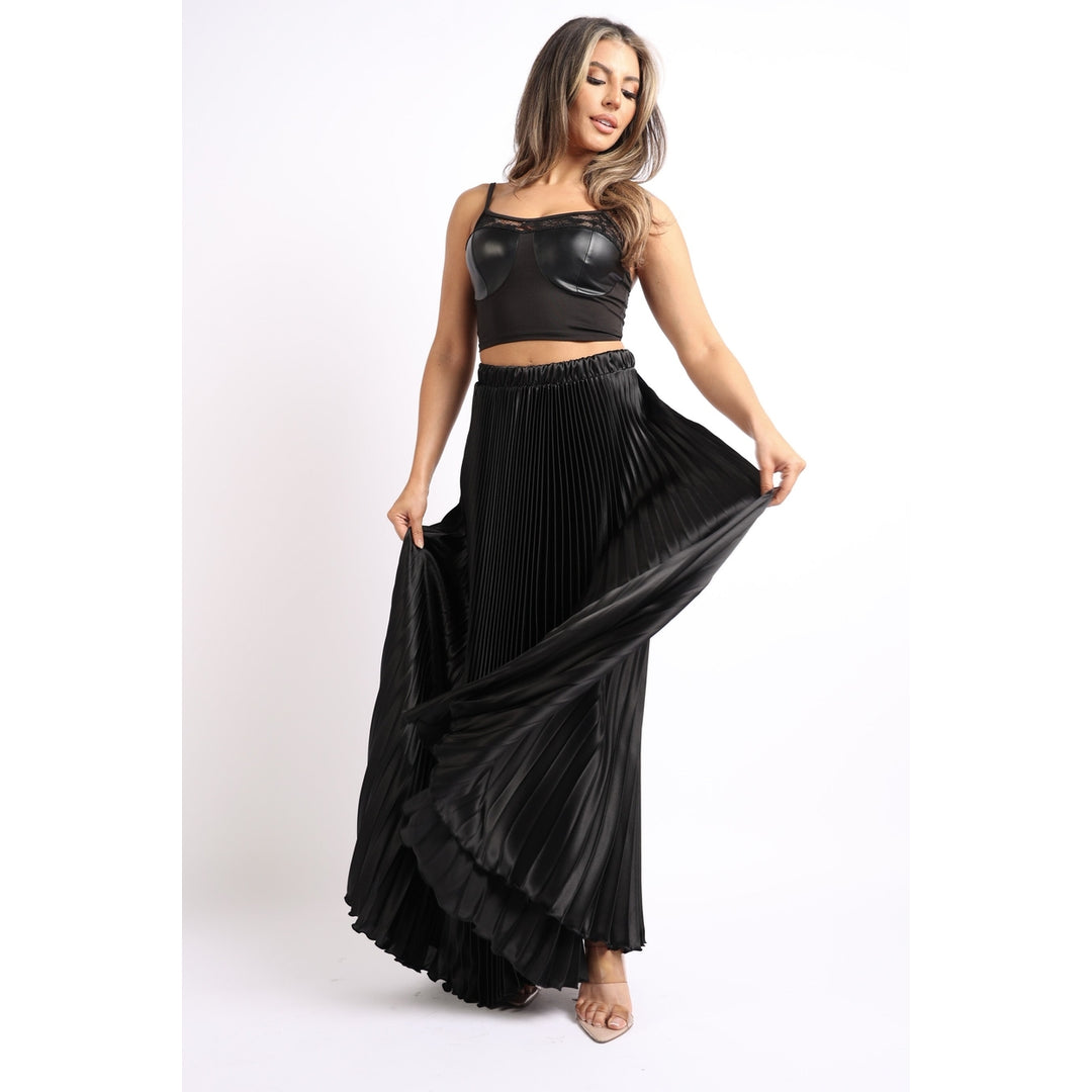 Elastic High Waist A-Line Pleated Satin Maxi Skirt BLACK Image 6