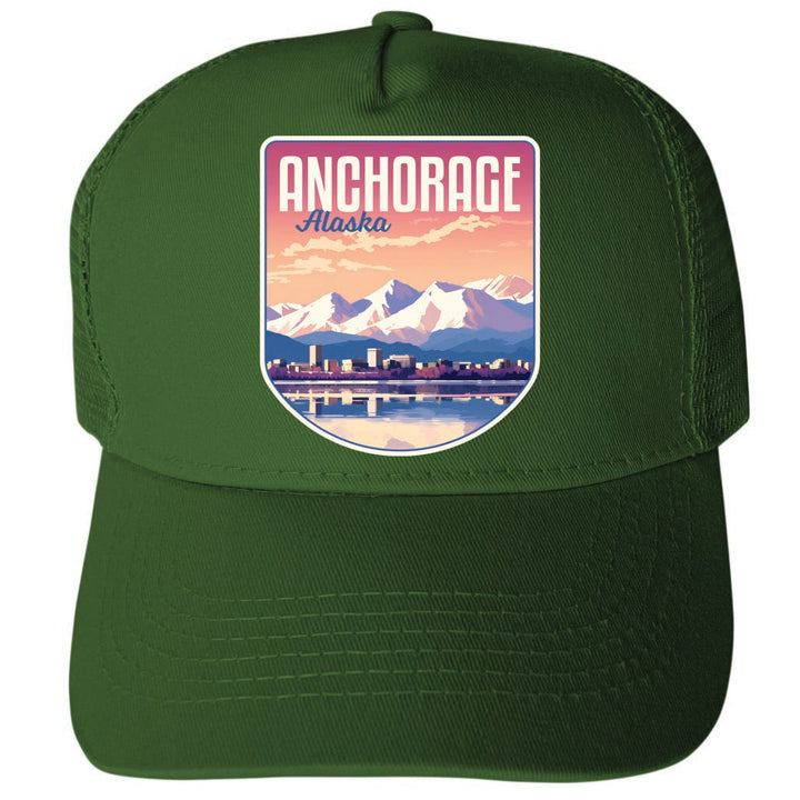 Anchorage Alaska Aesthetic Cityscape Design Unisex Mesh Back Trucker Hat with Adjustable Snapback Image 2