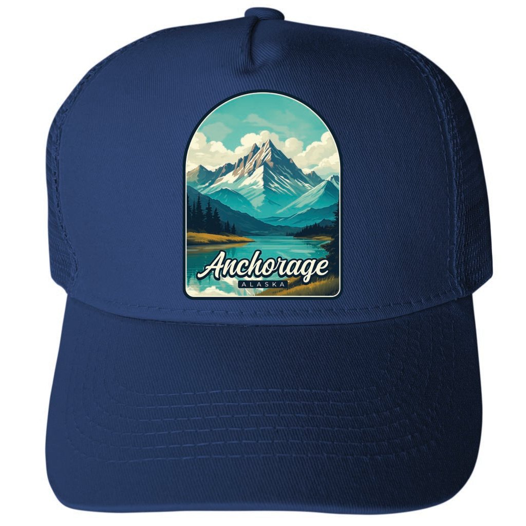 Anchorage Alaska Lake Mountain Design Unisex Mesh Back Trucker Hat with Adjustable Snapback Image 2