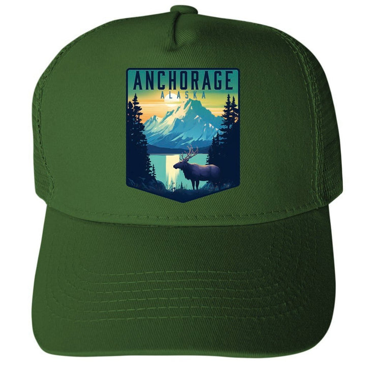 Anchorage Alaska Moose and Mountains Design Unisex Mesh Back Trucker Hat with Adjustable Snapback Image 1