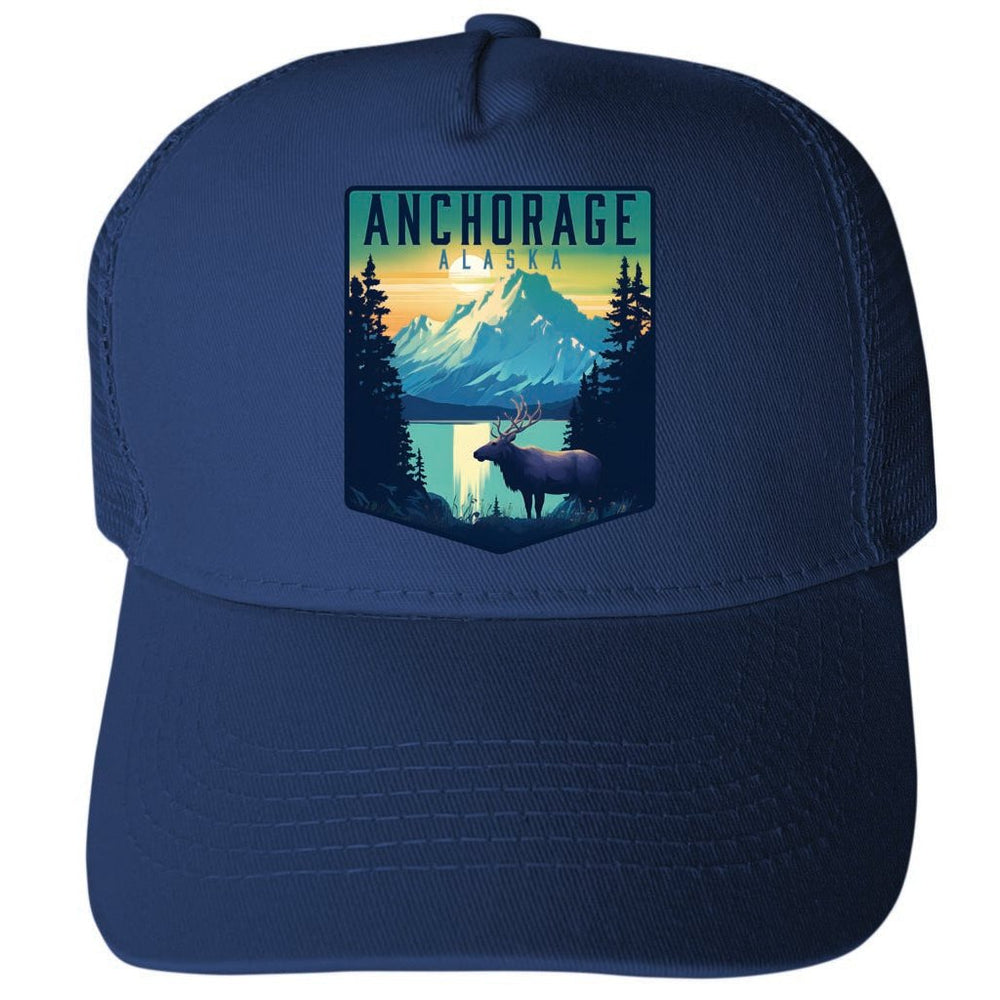 Anchorage Alaska Moose and Mountains Design Unisex Mesh Back Trucker Hat with Adjustable Snapback Image 2