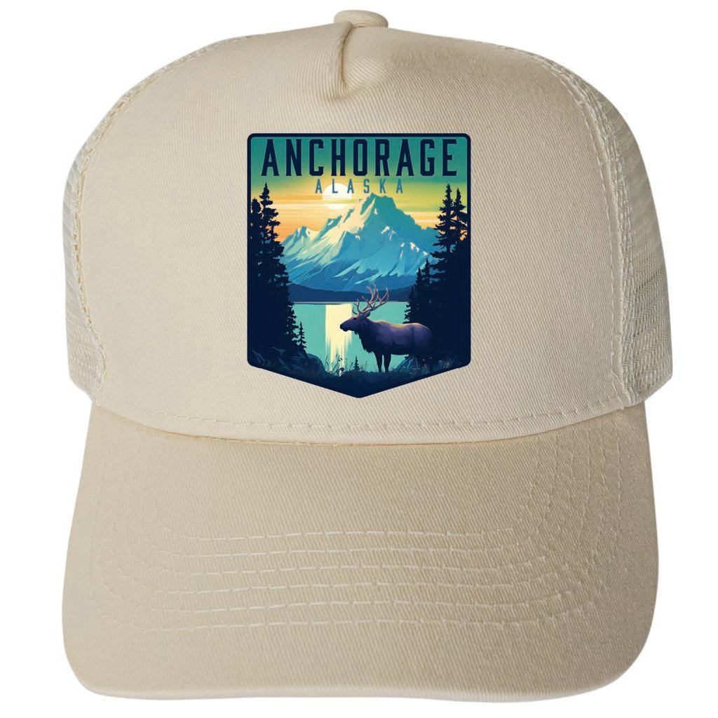 Anchorage Alaska Moose and Mountains Design Unisex Mesh Back Trucker Hat with Adjustable Snapback Image 3