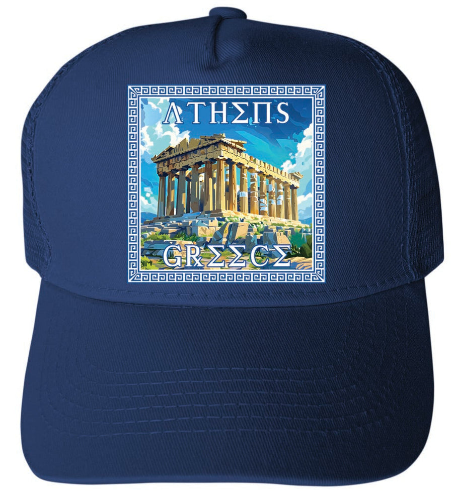 Athens Greece Acropolis in Meander Frame Design Unisex Mesh Back Trucker Hat with Adjustable Snapback Image 1