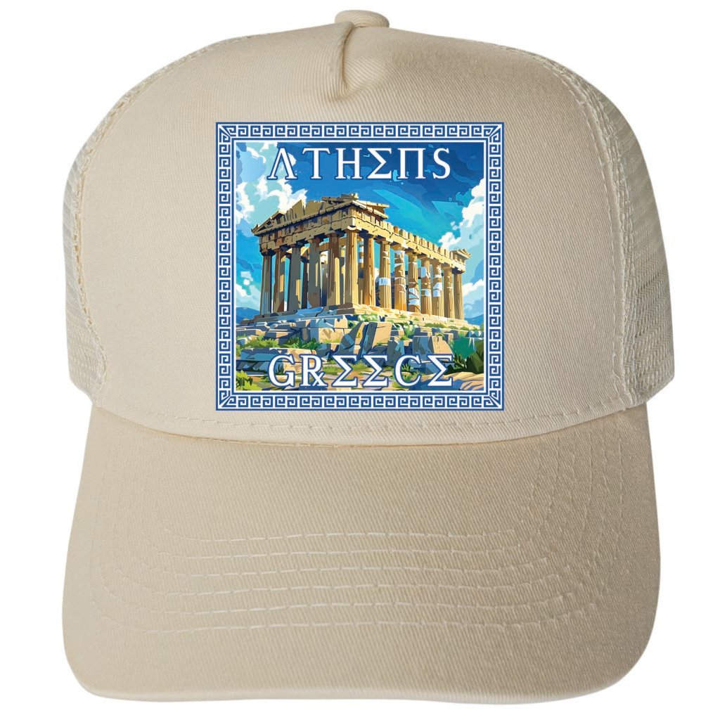 Athens Greece Acropolis in Meander Frame Design Unisex Mesh Back Trucker Hat with Adjustable Snapback Image 3