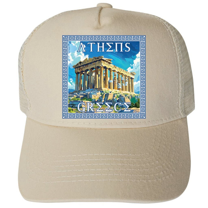 Athens Greece Acropolis in Meander Frame Design Unisex Mesh Back Trucker Hat with Adjustable Snapback Image 1