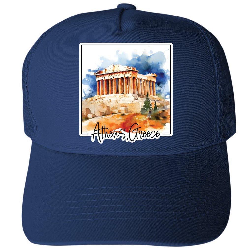 Athens Greece Watercolor Acropolis Design Unisex Mesh Back Trucker Hat with Adjustable Snapback Image 2