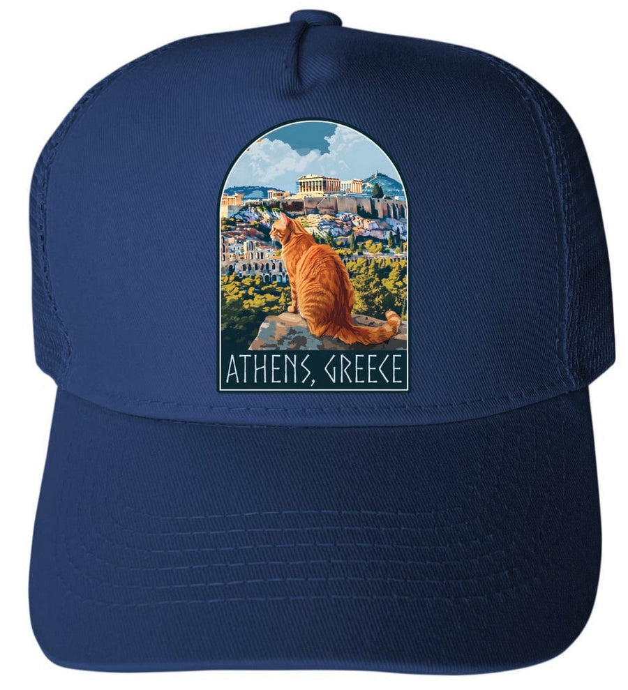 Athens Greece Cat Acropolis Design Unisex Mesh Back Trucker Hat with Adjustable Snapback Image 1