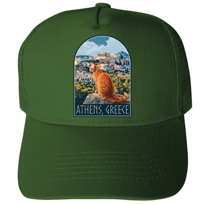 Athens Greece Cat Acropolis Design Unisex Mesh Back Trucker Hat with Adjustable Snapback Image 2