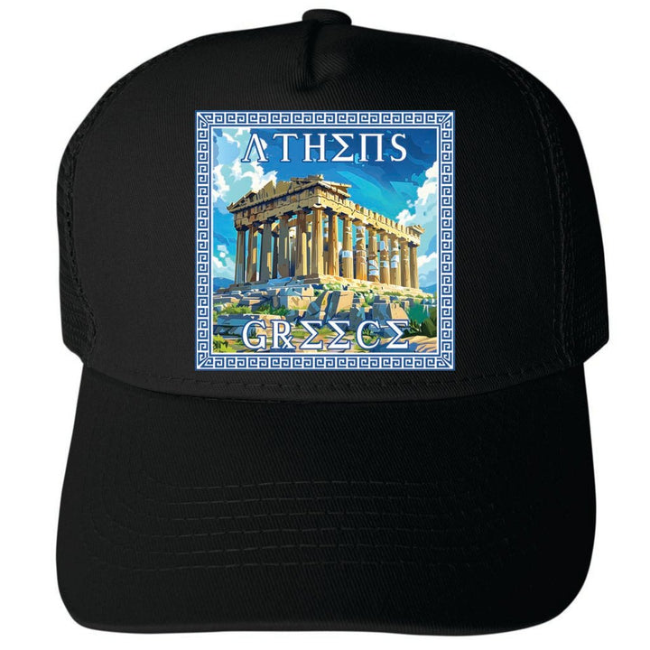 Athens Greece Acropolis in Meander Frame Design Unisex Mesh Back Trucker Hat with Adjustable Snapback Image 4