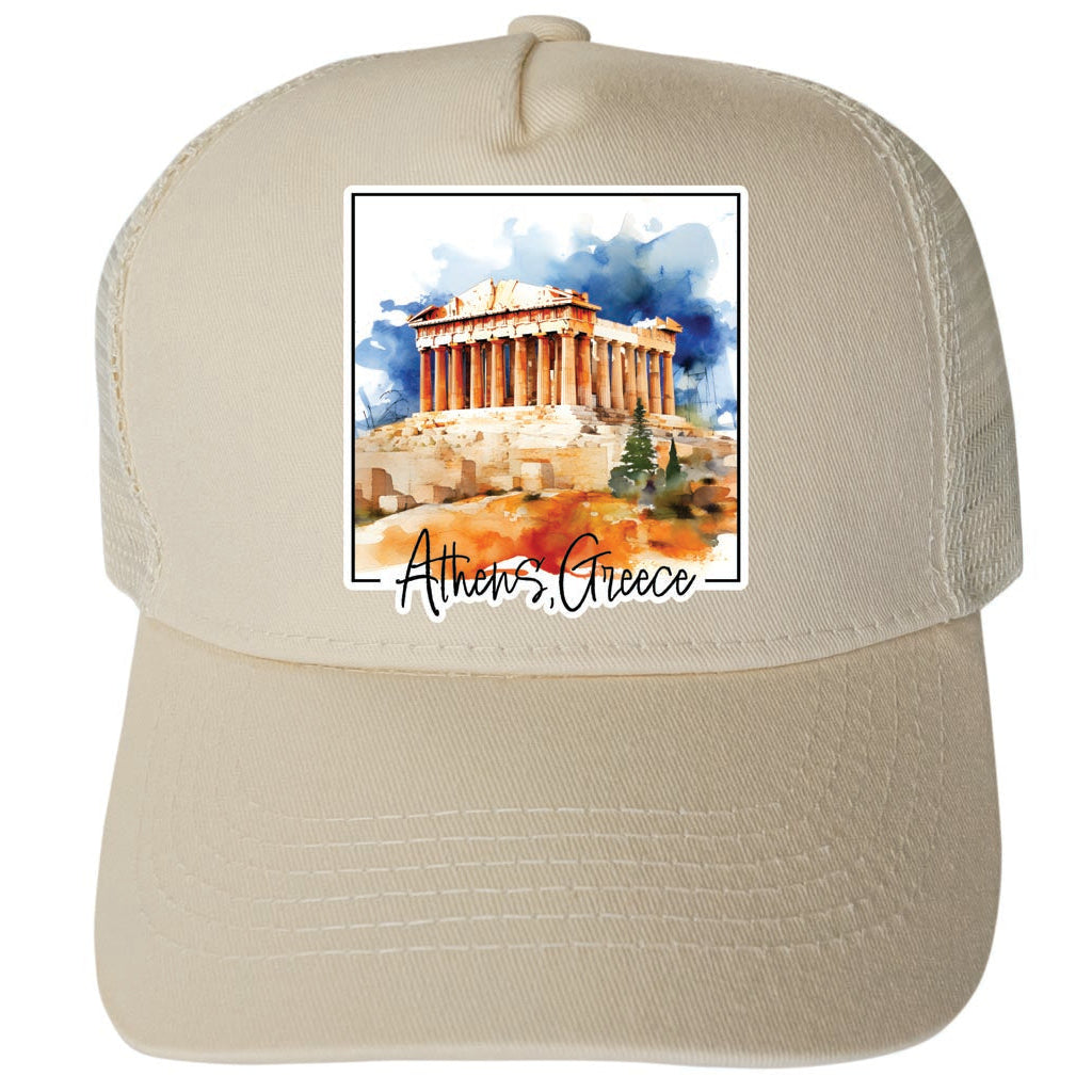 Athens Greece Watercolor Acropolis Design Unisex Mesh Back Trucker Hat with Adjustable Snapback Image 3