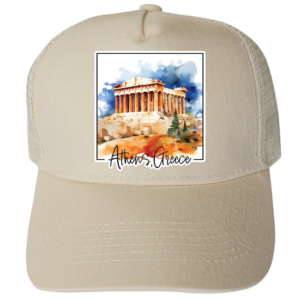 Athens Greece Watercolor Acropolis Design Unisex Mesh Back Trucker Hat with Adjustable Snapback Image 1