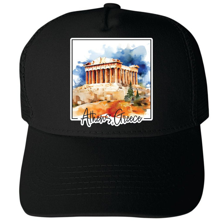 Athens Greece Watercolor Acropolis Design Unisex Mesh Back Trucker Hat with Adjustable Snapback Image 4